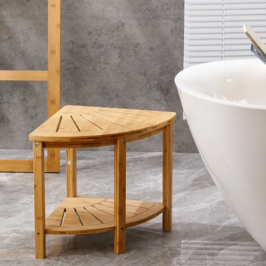 Taburete esquinero de madera en forma de abanico, taburete esquinero de bambú para baño, taburete de baño