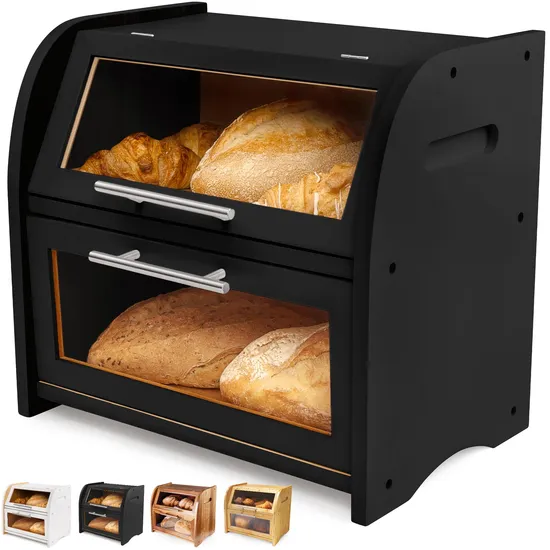 Caja de almacenamiento de pan de bambú grande doble con tabla de cortar para cocina