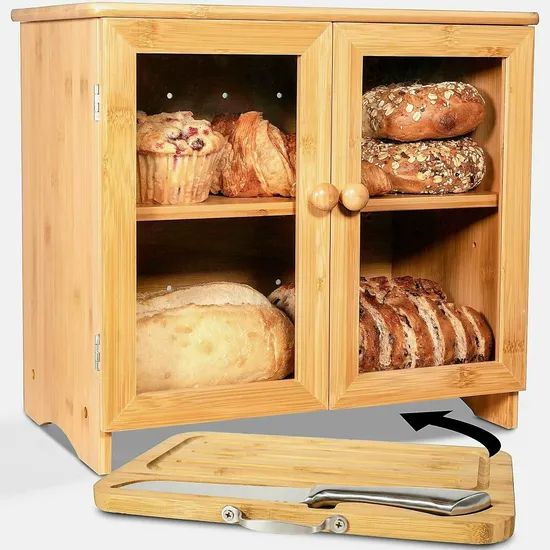 Caja de pan de bambú multifuncional de 2 capas con tabla de cortar para encimera de cocina y panadería