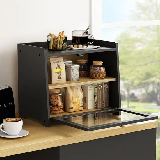 Caja de almacenamiento de pan de cocina de bambú de 2 niveles de color negro duradero