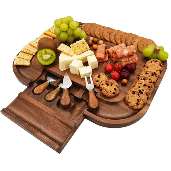 Tabla de quesos de madera de acacia de lujo vendedora caliente con cajón y juego de cuchillos