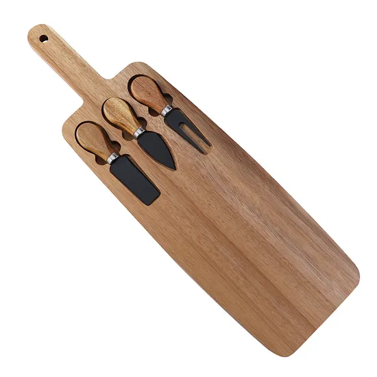 Tabla larga de queso de madera de Acacia con juego de cubiertos para acampar al aire libre