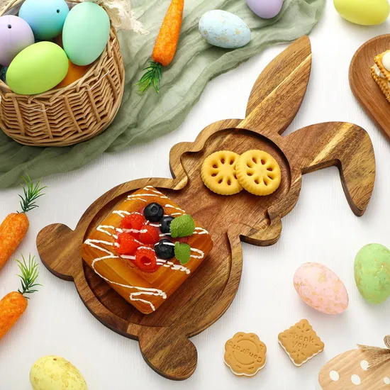 Bandeja para servir comida de madera de acacia con forma de hoja para aperitivos y refrigerios con asas