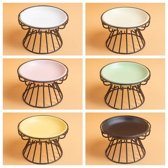 Cuencos de cerámica multicolores para gatos con plato de comida para mascotas con soporte de metal