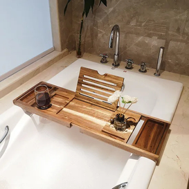 Bandeja extensible de lujo para bañera de madera de acacia con soporte para vino y soporte para libros