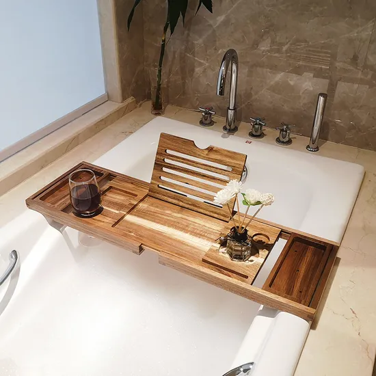 Bandeja extensible de lujo para bañera de madera de acacia con soporte para vino y soporte para libros