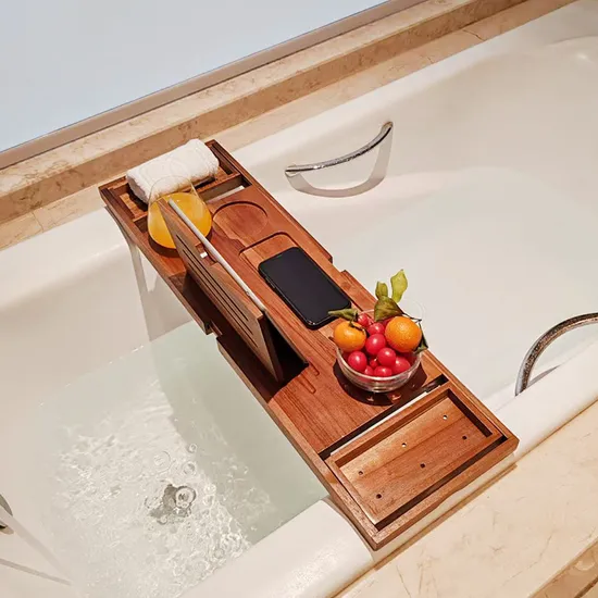 Organizador de ducha de madera de teca ajustable, estante de baño extensible, bandeja Caddy para bañera