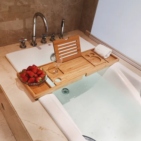 Bandeja extensible de bambú para bañera con estante de lectura, soporte para tableta, bandeja para teléfono móvil y soporte para copa de vino