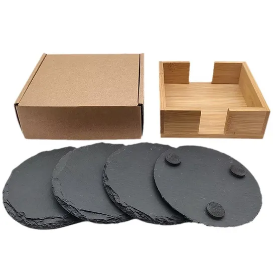 Posavasos de pizarra redondos grabados personalizados con soporte de bambú para regalos personales