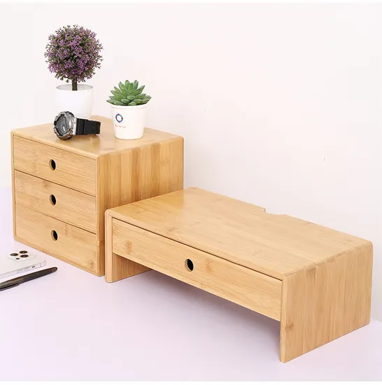 Soporte de bambú para monitor de computadora con cajones organizadores de almacenamiento