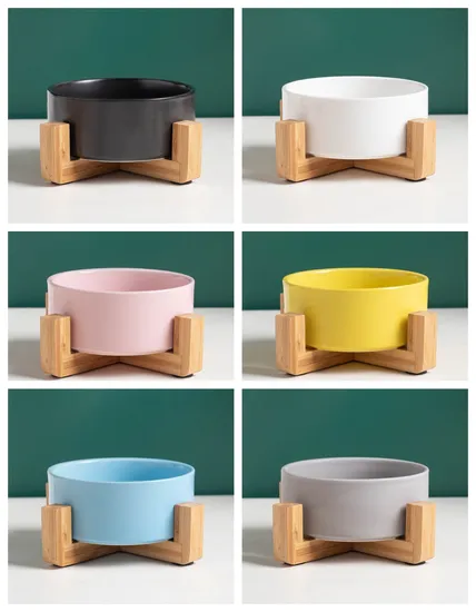 Productos para mascotas, cuenco de cerámica para alimentación de agua y comida para perros y gatos con soporte de madera de bambú