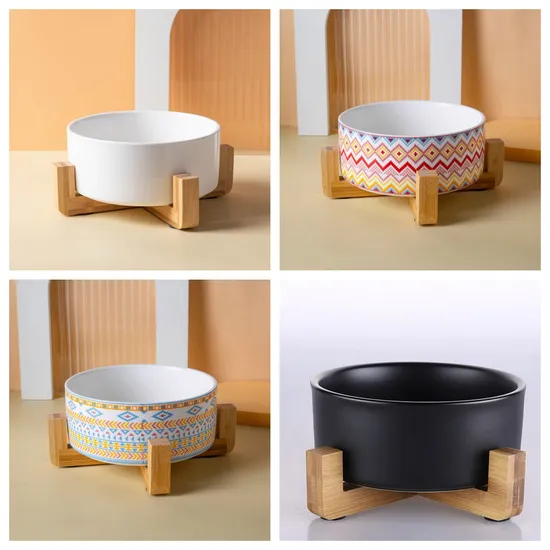 Cuenco de cerámica para perros y gatos con patas altas de madera maciza
