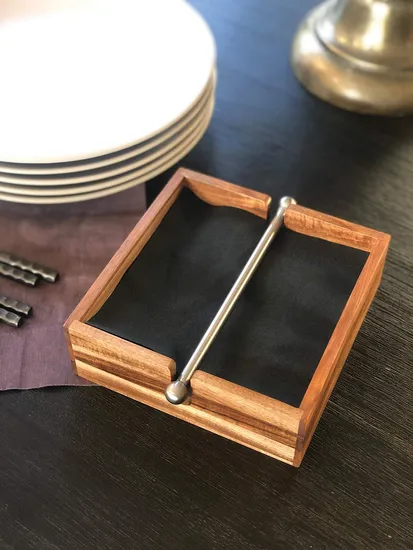 Servilletero de madera de acacia con barra central de acero inoxidable ponderada