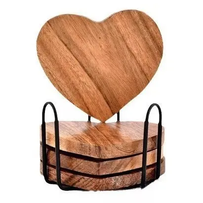Artístico - Posavasos de madera con forma de corazón y soporte de metal para decoración de mesa