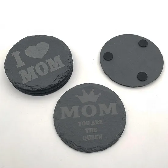 Posavasos de pizarra negros de forma redonda grabados personalizados con soporte de metal