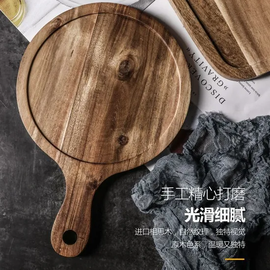 Bandeja funcional redonda personalizada para servir embutidos y quesos de madera de acacia con asa Bulkbuy