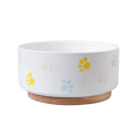 Tazón de comida para mascotas de cerámica de diseño personalizado redondo con base de madera