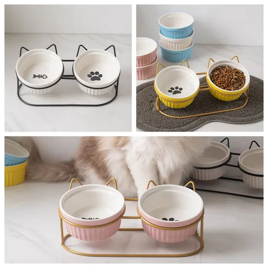 Cuencos de cerámica para perros con forma de gato y estante metálico