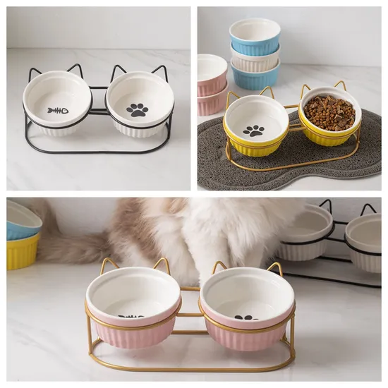 Cuencos de cerámica para perros con forma de gato y estante metálico