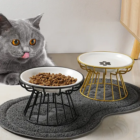 Cuencos redondos de cerámica para comida de mascotas, cuencos para perros y gatos con soporte de Metal