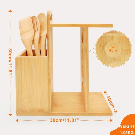 Organizador de cubiertos de bambú, soporte para utensilios con especiero y juego de utensilios de 3 piezas