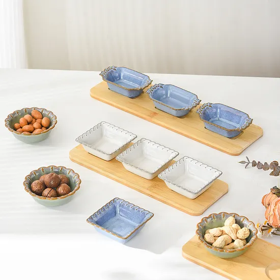 Bandeja redonda de madera de acacia Lazy Susan de 12 pulgadas con 4 tazones de cerámica divididos