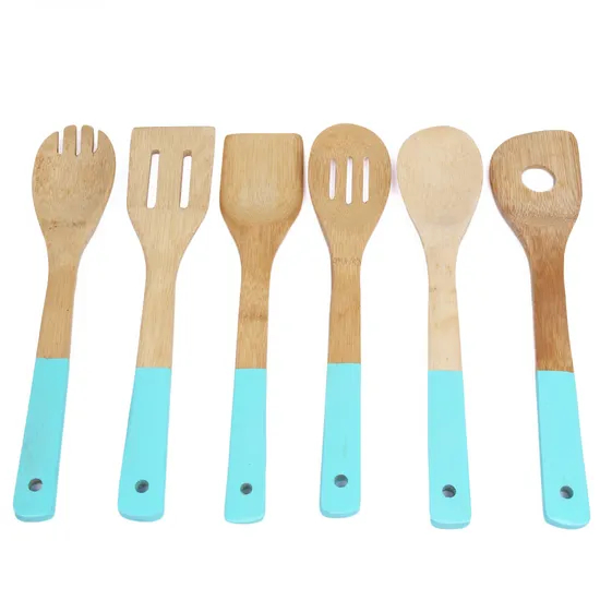 Home Basics Juego de 7 utensilios de bambú coloridos con soporte
