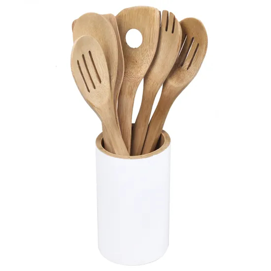 Juego de utensilios de cocina de madera Eco Bamboo con soporte redondo