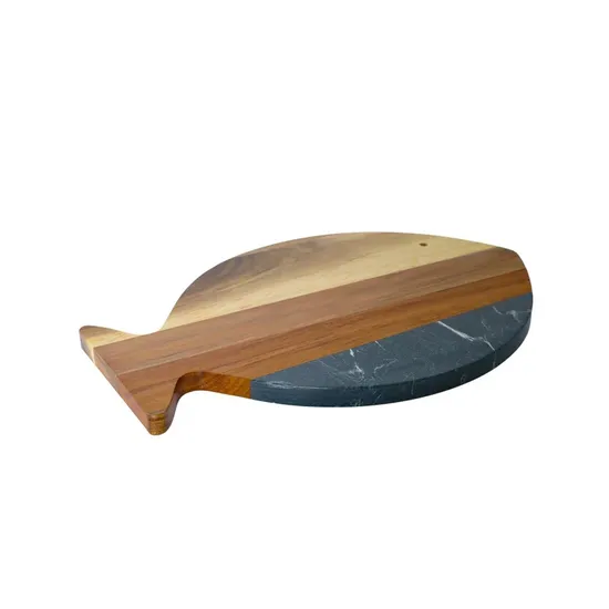 Tabla de cortar de madera y mármol negro con forma de pez para frutas/meriendas