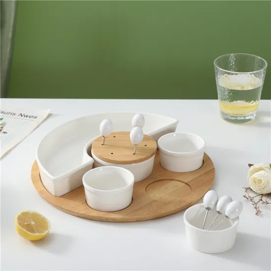 Juego de aperitivos de bambú Homegating con cuencos para condimentos y bandejas de cerámica para servir