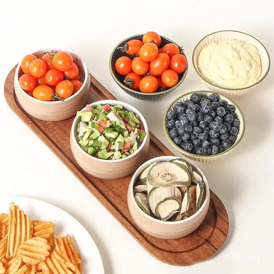 Juego de patatas fritas y DIP, bandeja para servir de madera de acacia con 3 cuencos redondos de cerámica