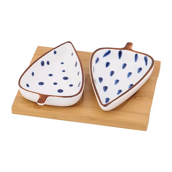 Fuente de bambú para servir con 2 platos de aperitivos de cerámica con forma de hoja