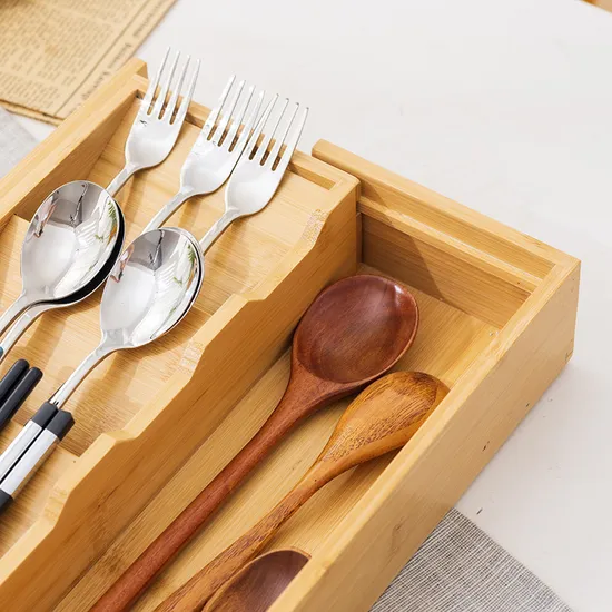 Organizador de cajones expandible de bambú para cubiertos, cubiertos y cuchillos en la cocina