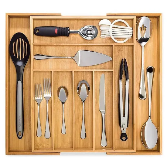 Organizador divisor de cajón de bandeja de cubiertos de bambú expandible