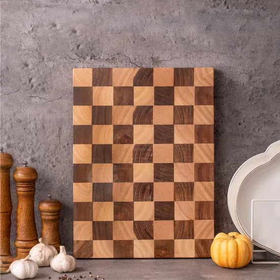 Tabla de cortar de madera gruesa grande, bloque de carnicero con patrón de tablero de ajedrez