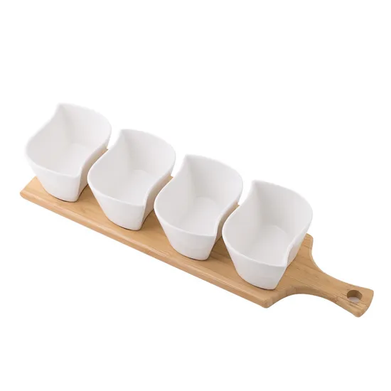 Bandeja de madera de bambú, bandeja para aperitivos y condimentos de frutas, bandeja para servir postres con 3 cuencos de cerámica blanca