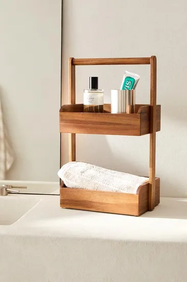 Estante del organizador de la ducha del estante del almacenamiento de madera de Acacia de la situación del piso de 2 niveles con la manija
