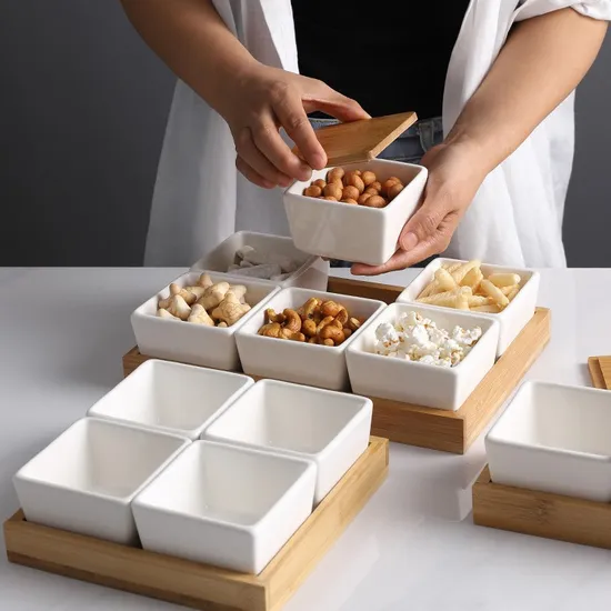 Juego de platos de cerámica para servir con bandeja de bambú