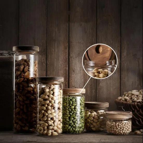 Frascos de almacenamiento de vidrio con tapa de madera Contenedores de almacenamiento de alimentos