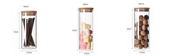 Comercio al por mayor de alto tarro de almacenamiento de alimentos de vidrio de borosilicato con tapa de bambú