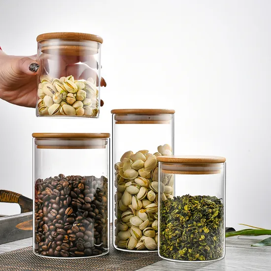 Botes de cocina, tarros de cristal para almacenamiento de alimentos con tapas de madera de bambú para contenedores de dulces de azúcar, conjunto