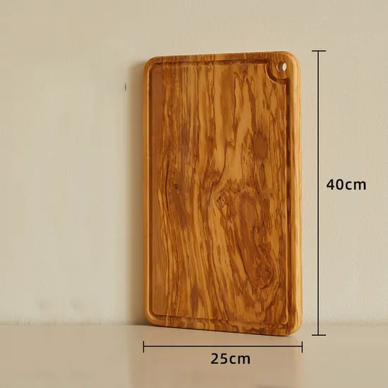 Tabla de cortar rectangular reversible de madera de olivo con ranura profunda para jugo
