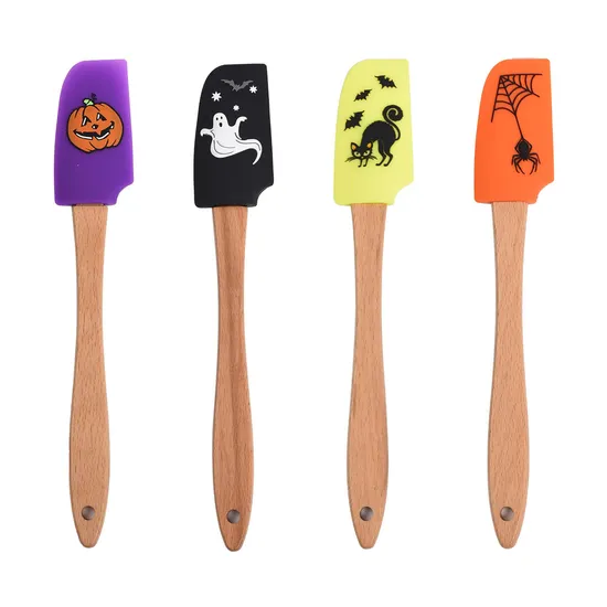 El estilo al por mayor de Halloween imprimió la espátula de la hornada de la torta y de la crema del silicón con la manija de madera