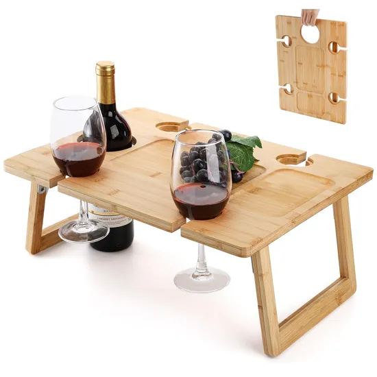 Mesa de picnic de bambú rectangular plegable para vino para exteriores
