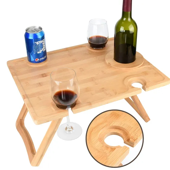Mesa de picnic de vino portátil para exteriores, bandeja de aperitivos de playa de bambú, para acampar