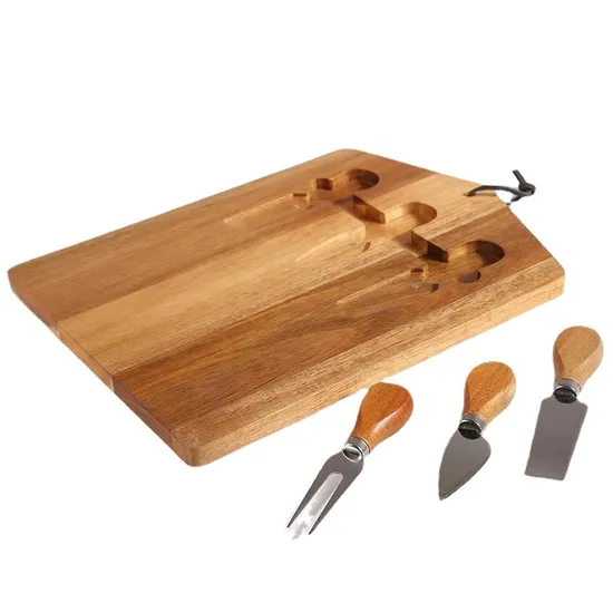 Juego de tabla de quesos de madera de acacia hecha a mano con tenedor, cuchillos y correas de cuero