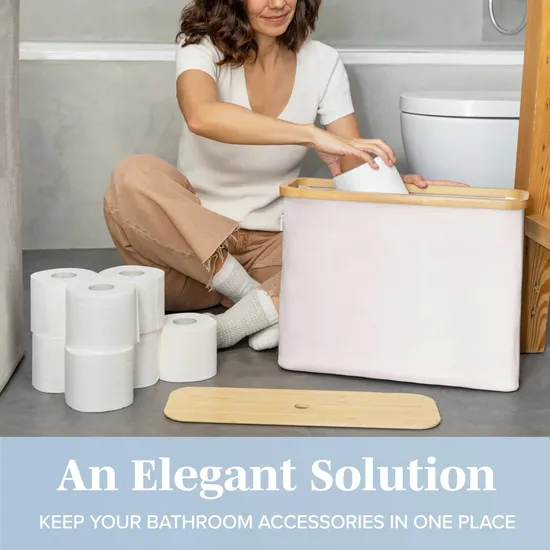 Elegante Almacenamiento de Papel Higiénico de Color Beige para 12 Rollos con Tapa de Bambú