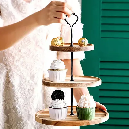 Soporte para pasteles de 3 niveles de madera de acacia hecho a mano con bandejas extraíbles para exhibiciones de postres de boda