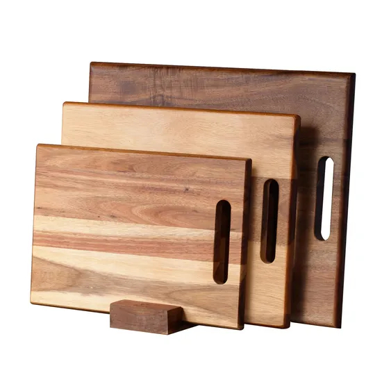 Juego de 3 tablas de cortar de madera de acacia, muy vendidas, con soporte