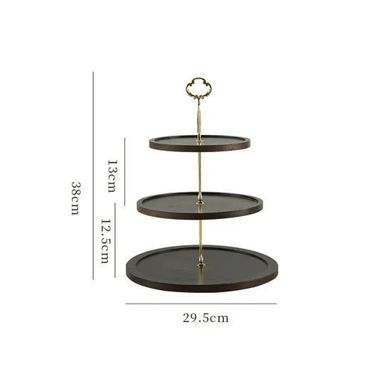 Soporte de pastel de bambú de 3 niveles de estilo rústico de color negro con mango de metal